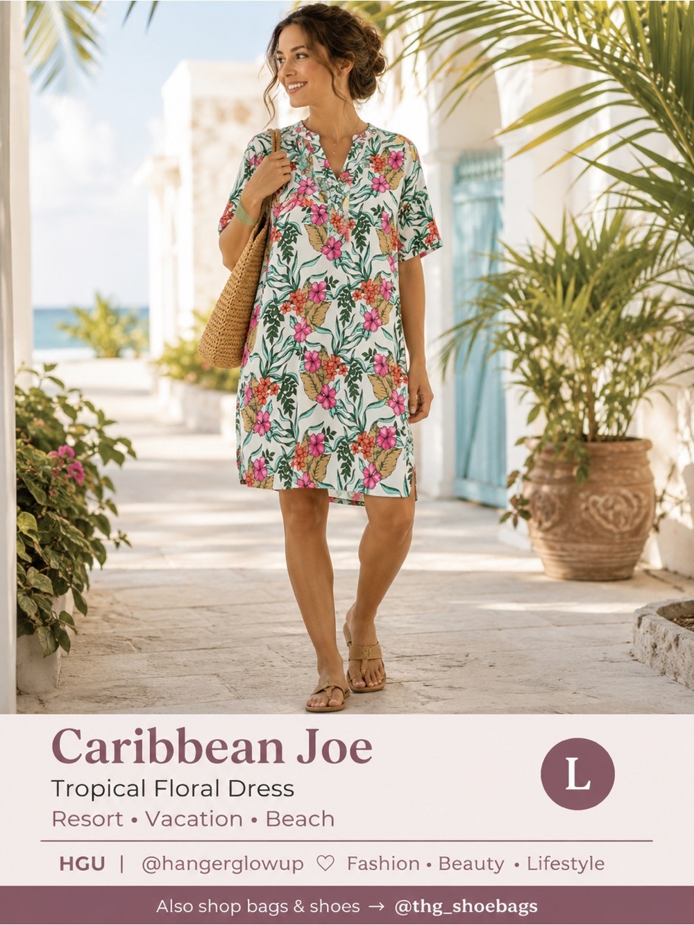 Caribbean Joe Tropical Floral Resort Dress L Beach Vacation Cruise Midi